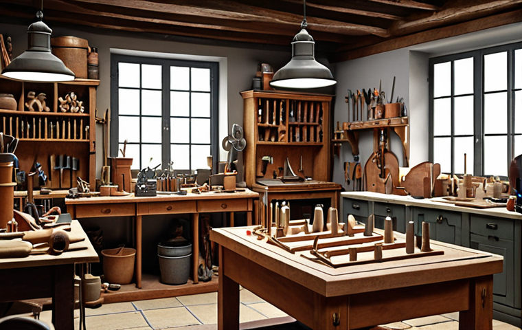 **
A craftsman's workshop featuring a blend of traditional tools and digital technology like 3D printers. The scene should evoke a sense of "Renaissance des Handwerks im digitalen Zeitalter," highlighting the value of unique, handcrafted items. Include elements suggesting collaboration between designers and artisans.
**