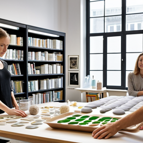 Home 20 **Prompt:** Industrial design studio, a team brainstorming with bio-plastic samples, natural light, sustainable materials library in background, German design aesthetic, focus on eco-friendly packaging.