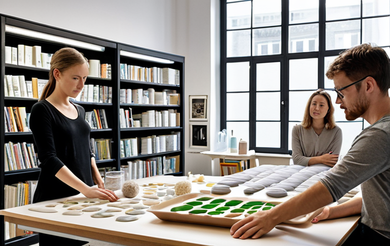 **Prompt:** Industrial design studio, a team brainstorming with bio-plastic samples, natural light, sustainable materials library in background, German design aesthetic, focus on eco-friendly packaging.