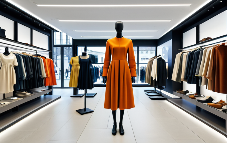 Concept Store Scene**
"A modern concept store in Berlin, showcasing a prototype dress with an integrated flexible display. The display dynamically shows information and adapts to the fabric's movement. Shoppers are browsing in the background. Fully clothed models, modest attire, safe for work, appropriate content, professional, perfect anatomy, correct proportions, natural pose, high quality."
**