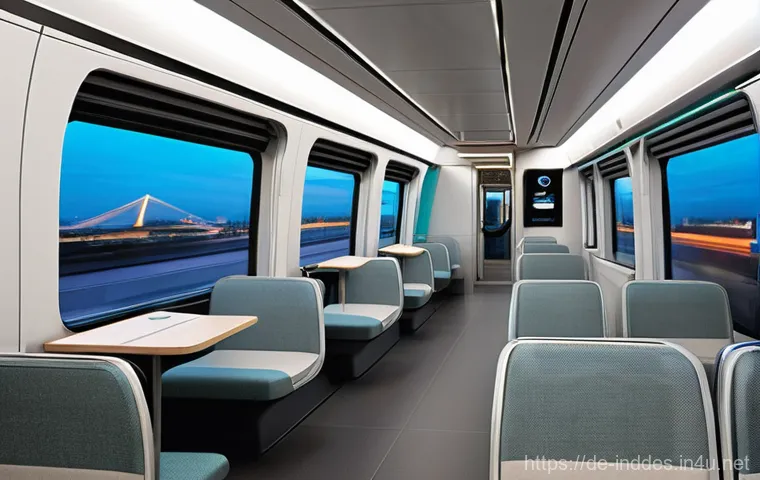공업디자인과 대중교통 디자인 - **Modern Urban Commute Experience:**
An interior shot of a sleek, futuristic public transport tr...