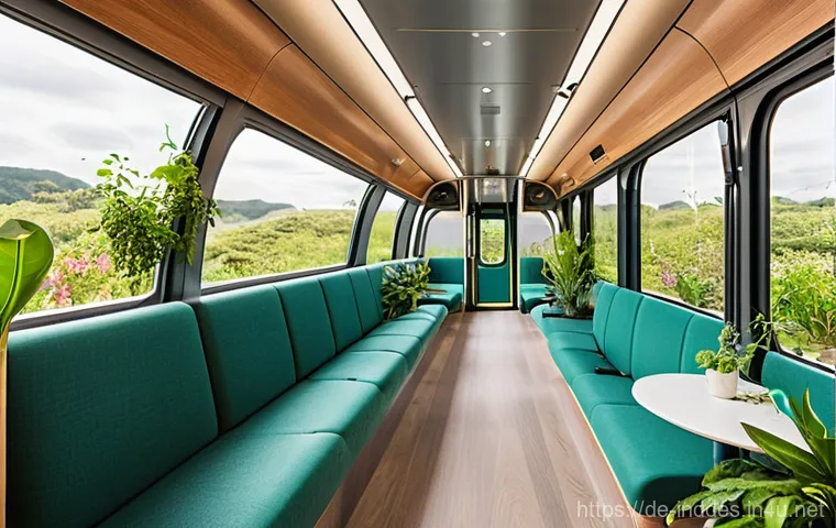 공업디자인과 대중교통 디자인 - **Modern Urban Commute Experience:**
    An interior shot of a sleek, futuristic public transport tr...