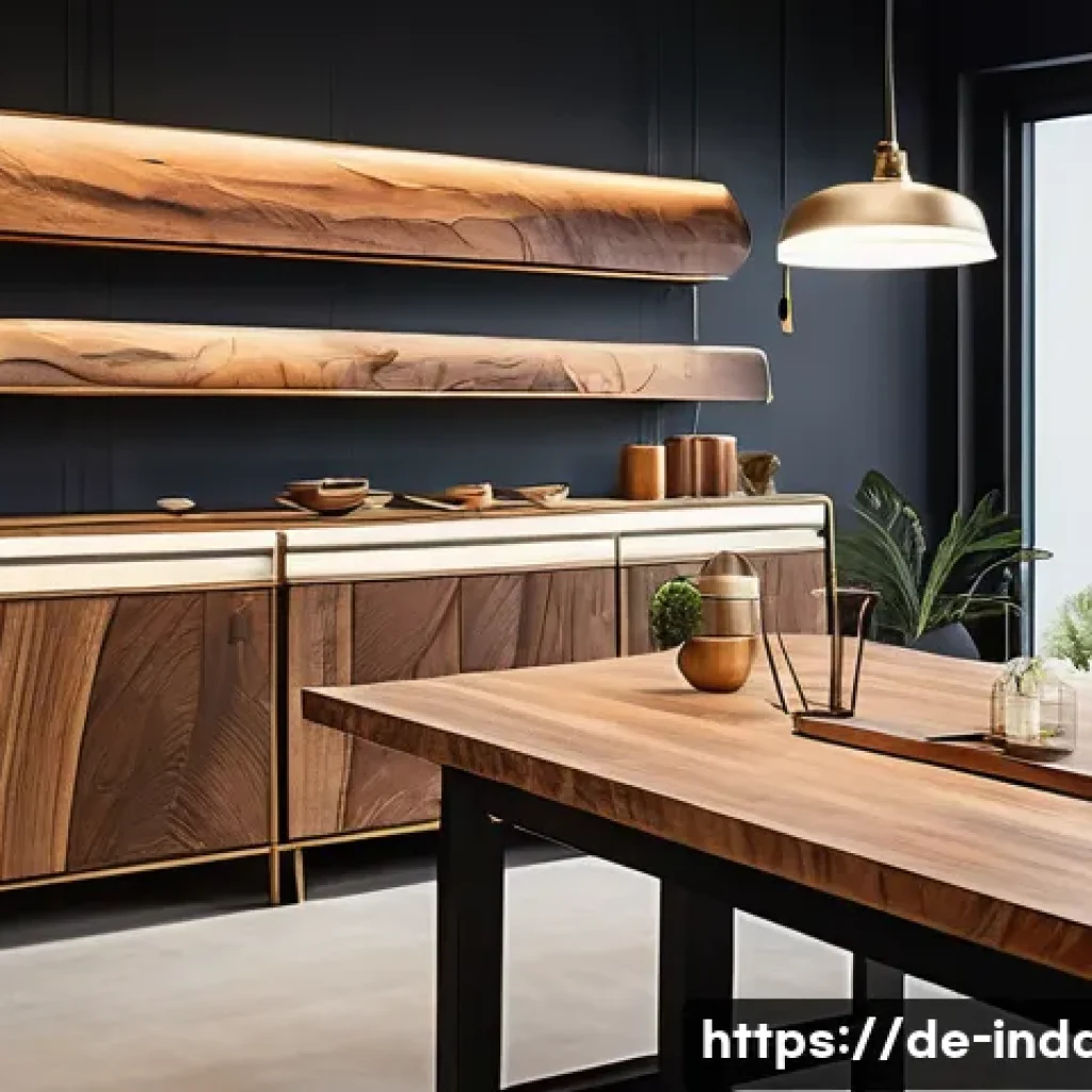 공업디자인과 디자인 윤리 - A modern, sustainable furniture workshop interior showcasing a designer carefully selecting certifie...