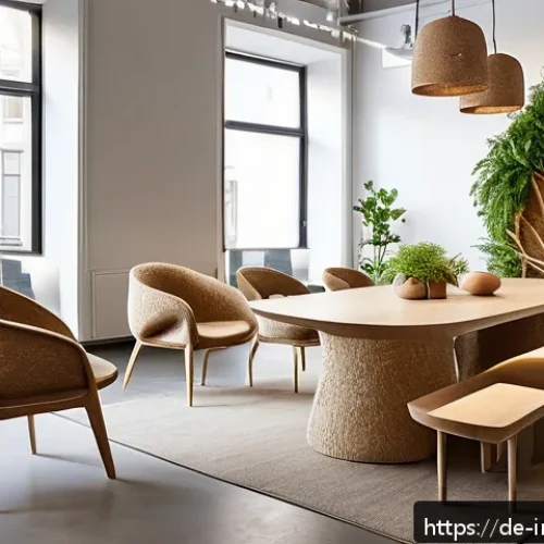 Home 33 공업디자인과 바이오 디자인 - A modern sustainable furniture showroom featuring elegant chairs and tables crafted from biobased ma...