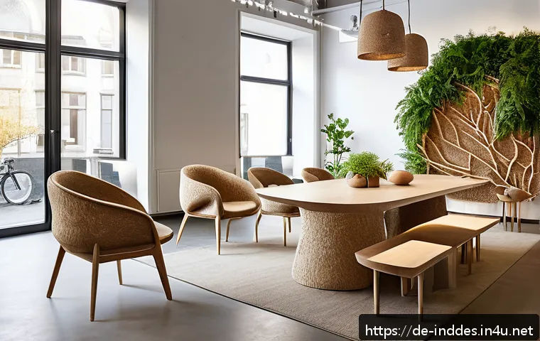 공업디자인과 바이오 디자인 - A modern sustainable furniture showroom featuring elegant chairs and tables crafted from biobased ma...