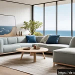 Home 18 공업디자인과 해양 플라스틱 업사이클링 - A modern, minimalist living room scene showcasing elegant furniture crafted from recycled marine pla...