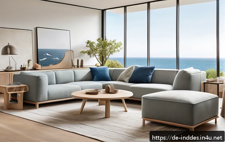 공업디자인과 해양 플라스틱 업사이클링 - A modern, minimalist living room scene showcasing elegant furniture crafted from recycled marine pla...