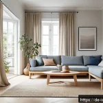 Home 23 공업디자인과 북유럽 디자인 - A minimalist Scandinavian living room scene featuring natural light wood furniture with clear, strai...