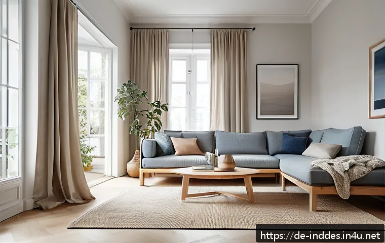 공업디자인과 북유럽 디자인 - A minimalist Scandinavian living room scene featuring natural light wood furniture with clear, strai...